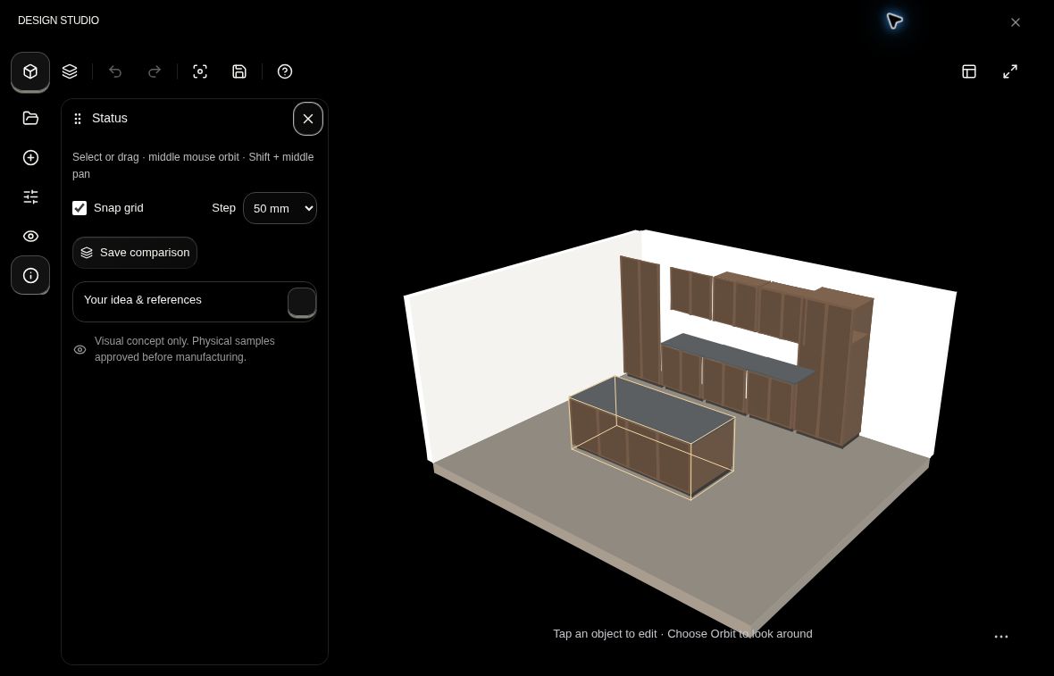 Anakie interactive kitchen workspace with design tools and material swatches